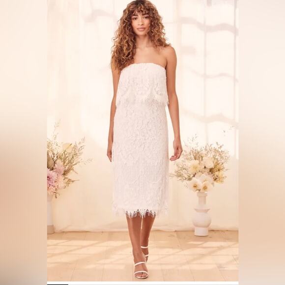 Lulus NWT White Lace Strapless Midi Dress medium - Picture 5 of 12